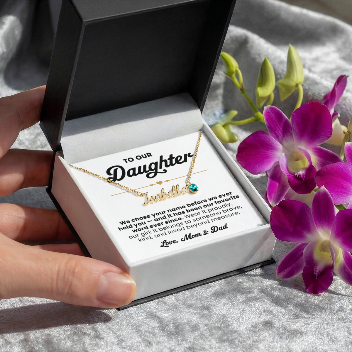 For Daughter: Name Pendant Necklace with Birthstone — "We chose your name before we ever held you" • Forever Her Name