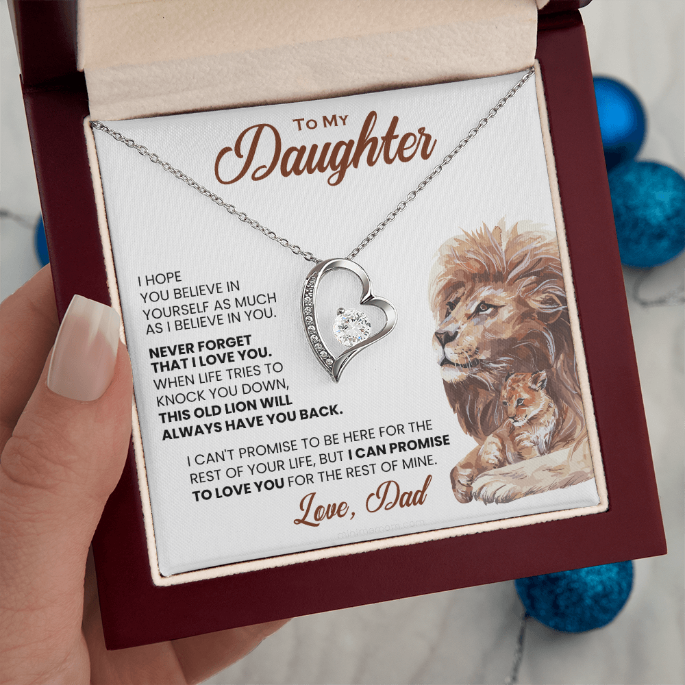 For Daughter: Pendant Necklace with Message Card — "This old lion will always have you back" • Forever in My Heart