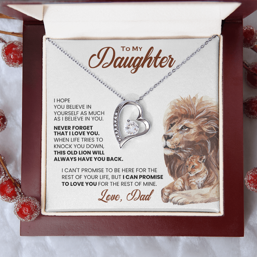 For Daughter: Pendant Necklace with Message Card — "This old lion will always have you back" • Forever in My Heart