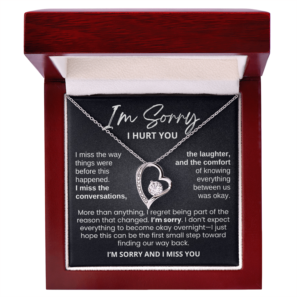 For Her: I'm Sorry Pendant Necklace with Message Card — " I'm sorry and I miss you" • Forever in My Heart Necklace