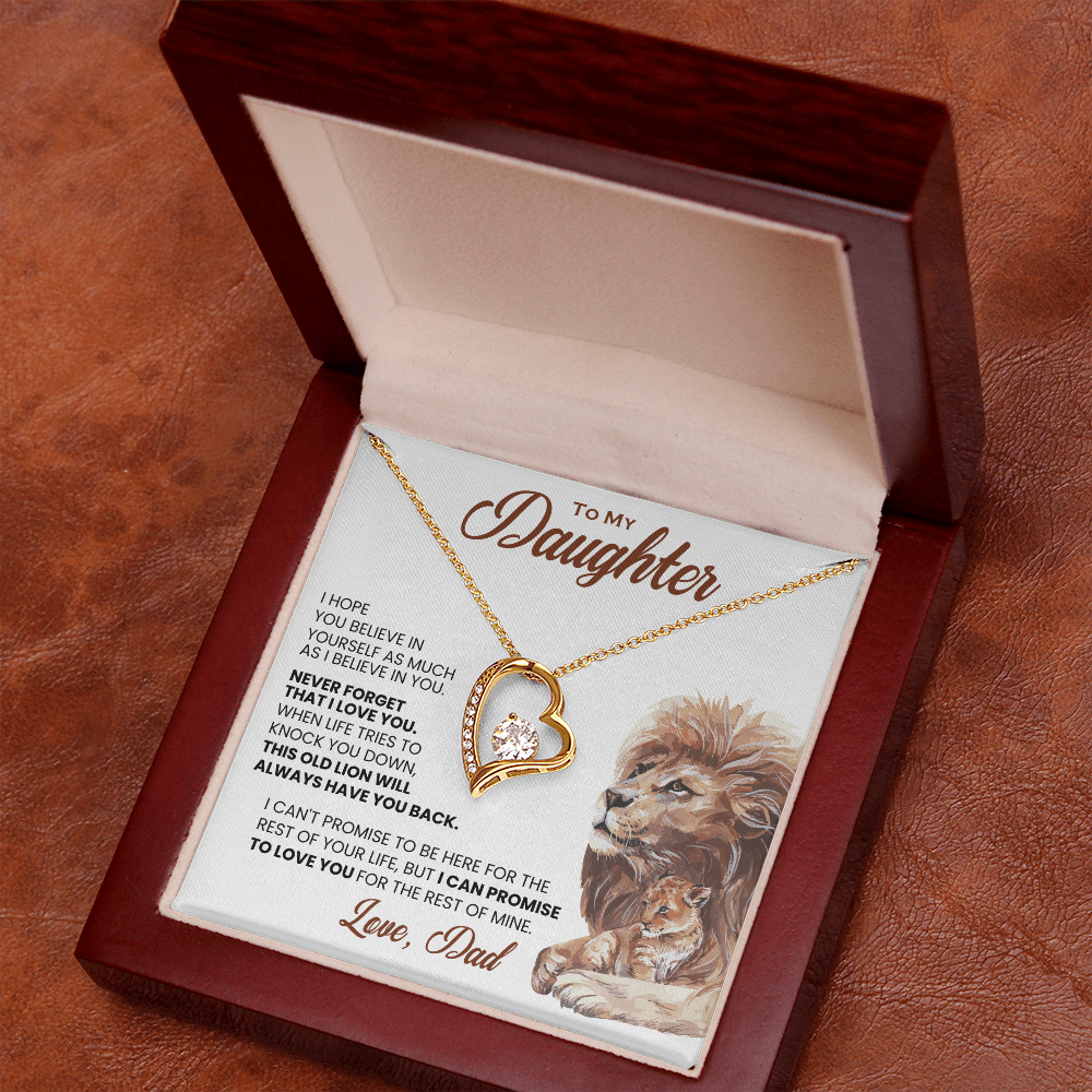 For Daughter: Pendant Necklace with Message Card — "This old lion will always have you back" • Forever in My Heart