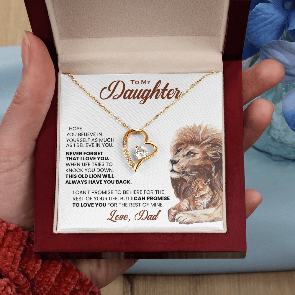 For Daughter: Pendant Necklace with Message Card — "This old lion will always have you back" • Forever in My Heart