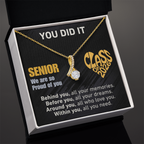 For Granddaughter: Graduation Pendant Necklace with Message Card — "You Did It. Senior, We are so Proud of you." • Forever Radiant Spark