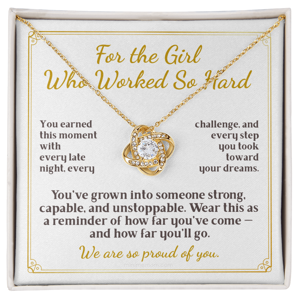 For Daughter: Graduation Pendant Necklace with Message Card — "For the Girl Who Worked So Hard" • Forever Tied to You