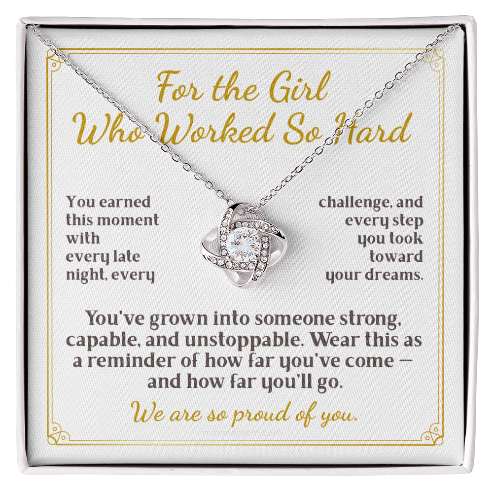 For Daughter: Graduation Pendant Necklace with Message Card — "For the Girl Who Worked So Hard" • Forever Tied to You
