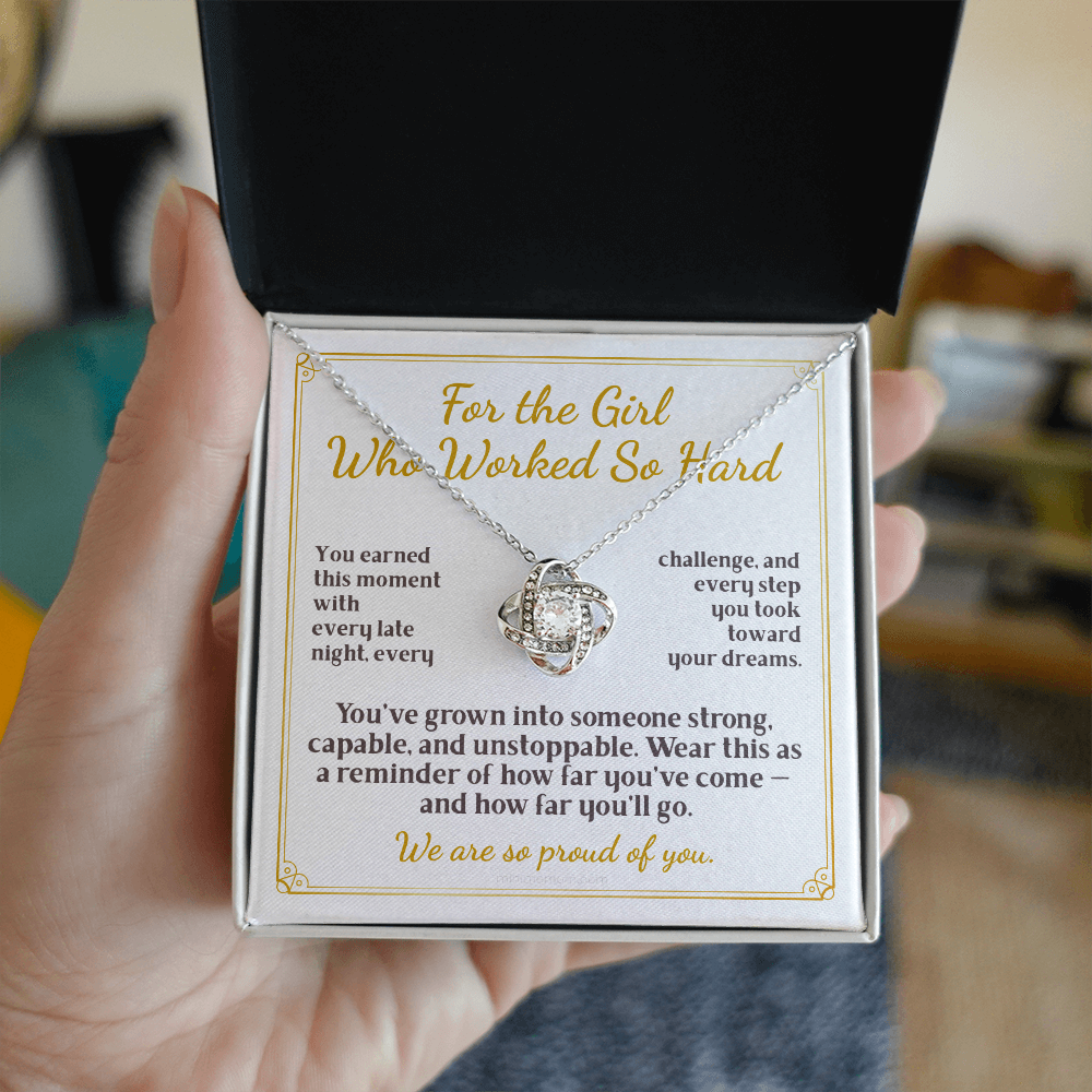 For Daughter: Graduation Pendant Necklace with Message Card — "For the Girl Who Worked So Hard" • Forever Tied to You