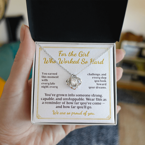 For Daughter: Graduation Pendant Necklace with Message Card — "For the Girl Who Worked So Hard" • Forever Tied to You