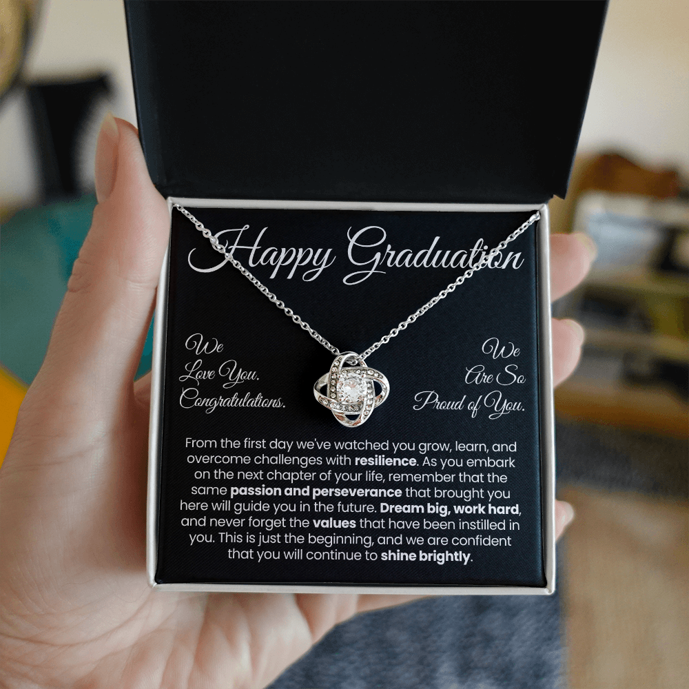 For Daughter: Pendant Necklace with Message Card — "Happy Graduation. We are so proud of you" • Forever Tied to You