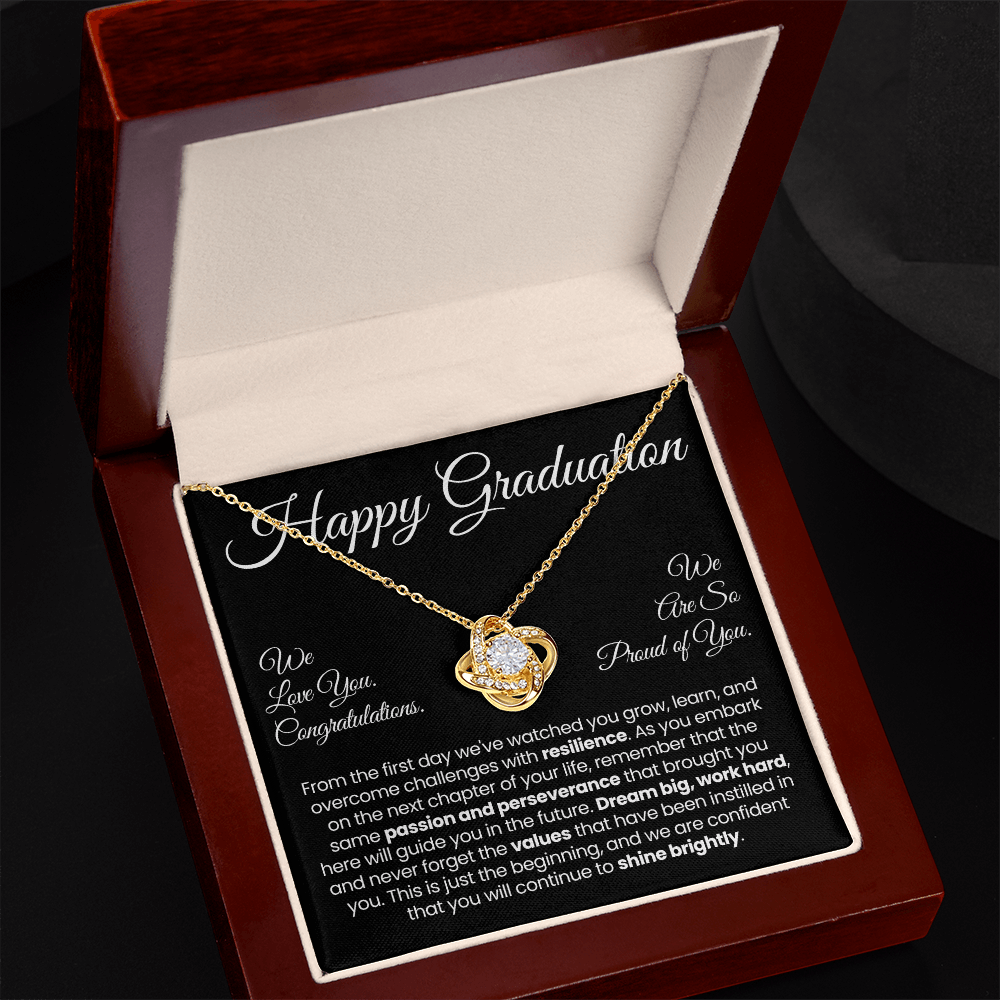 For Daughter: Pendant Necklace with Message Card — "Happy Graduation. We are so proud of you" • Forever Tied to You