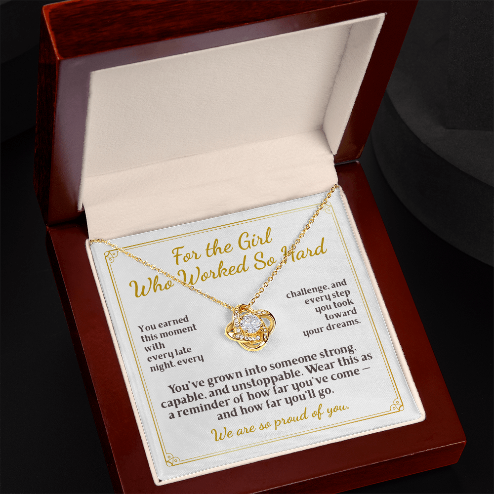 For Daughter: Graduation Pendant Necklace with Message Card — "For the Girl Who Worked So Hard" • Forever Tied to You