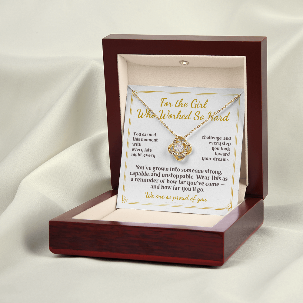 For Daughter: Graduation Pendant Necklace with Message Card — "For the Girl Who Worked So Hard" • Forever Tied to You