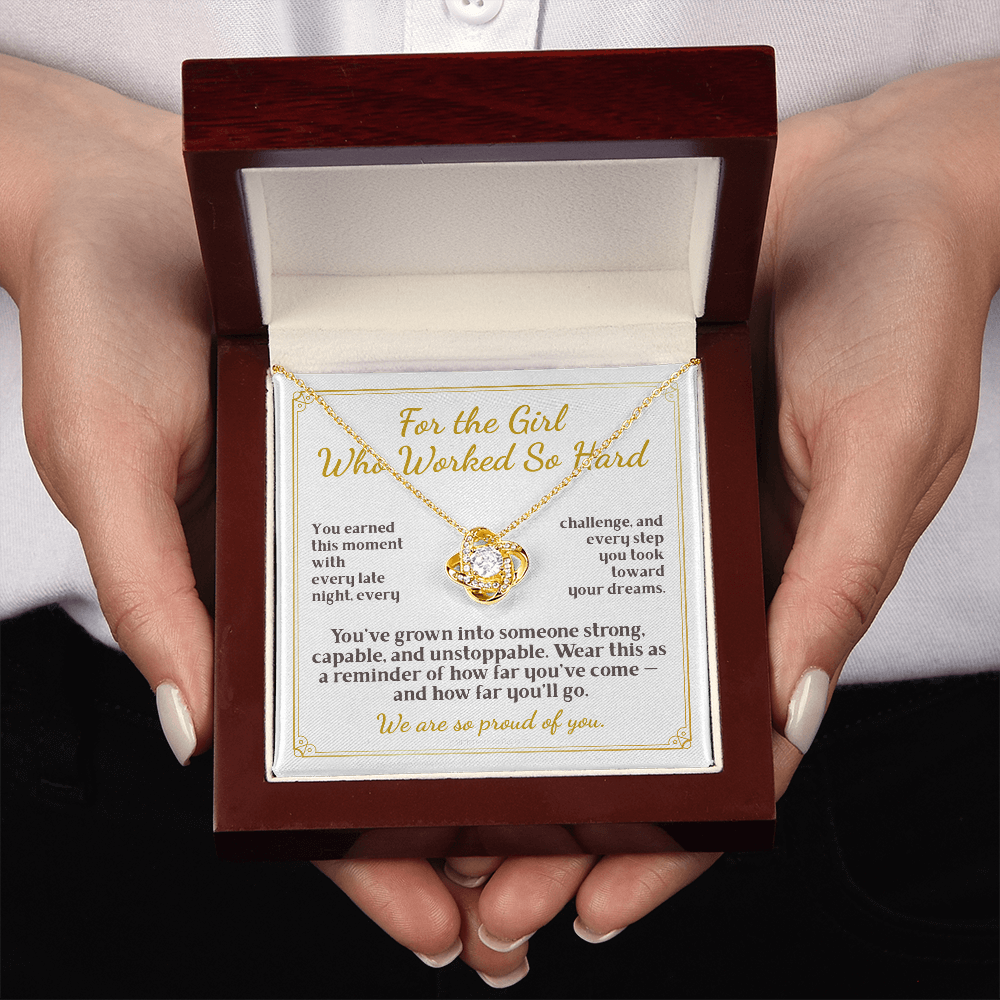 For Daughter: Graduation Pendant Necklace with Message Card — "For the Girl Who Worked So Hard" • Forever Tied to You