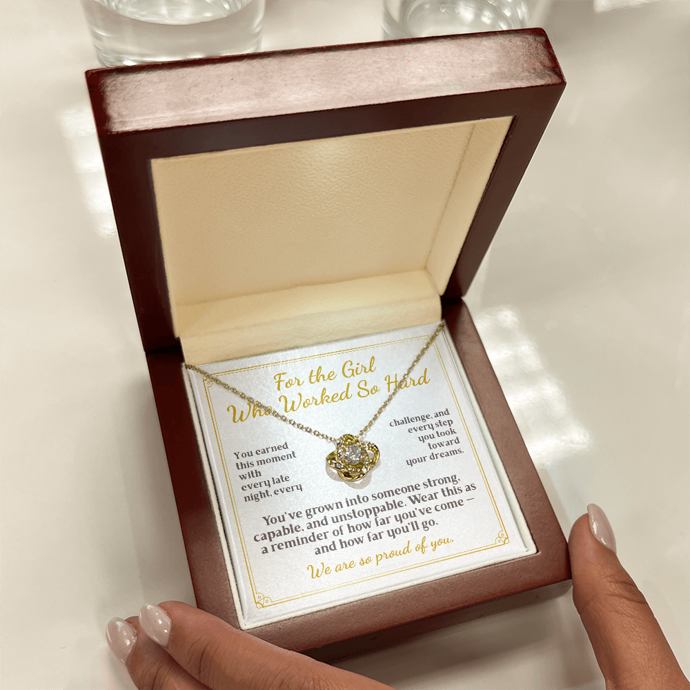 For Daughter: Graduation Pendant Necklace with Message Card — "For the Girl Who Worked So Hard" • Forever Tied to You