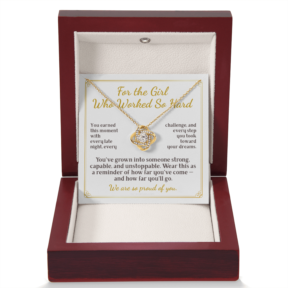 For Daughter: Graduation Pendant Necklace with Message Card — "For the Girl Who Worked So Hard" • Forever Tied to You