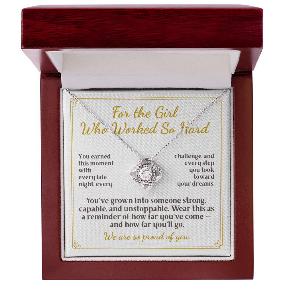 For Daughter: Graduation Pendant Necklace with Message Card — "For the Girl Who Worked So Hard" • Forever Tied to You