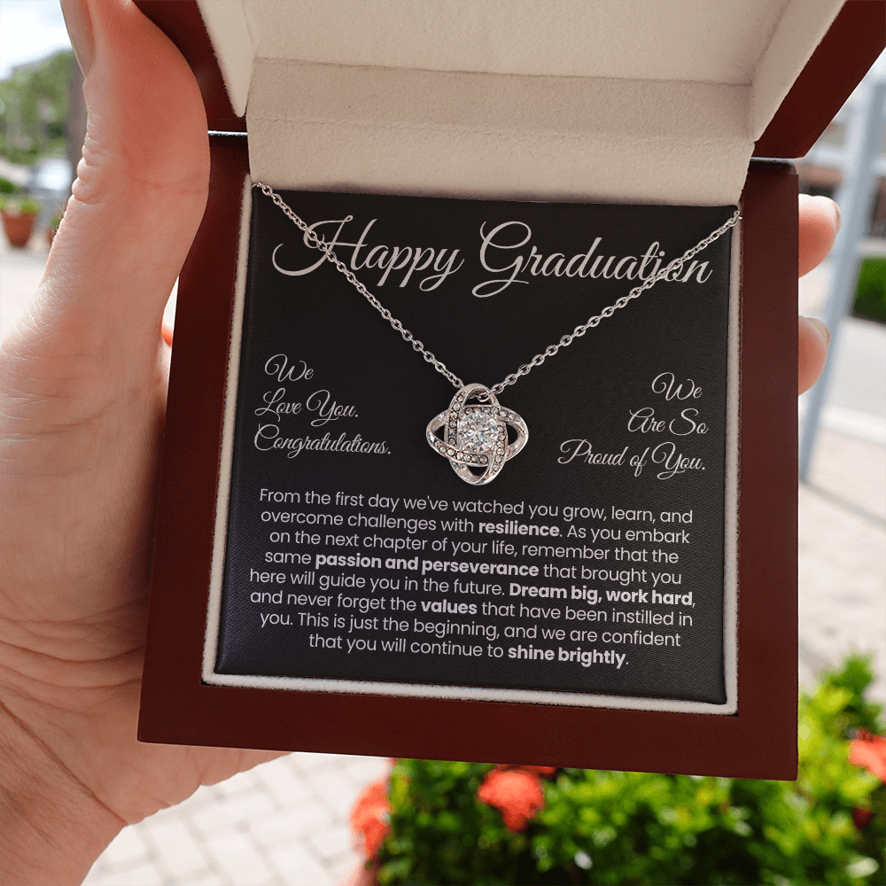 For Daughter: Pendant Necklace with Message Card — "Happy Graduation. We are so proud of you" • Forever Tied to You