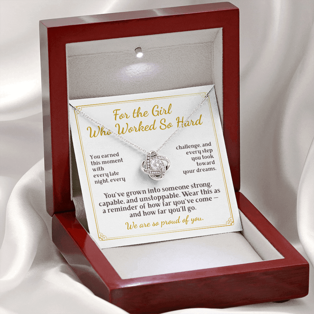 For Daughter: Graduation Pendant Necklace with Message Card — "For the Girl Who Worked So Hard" • Forever Tied to You