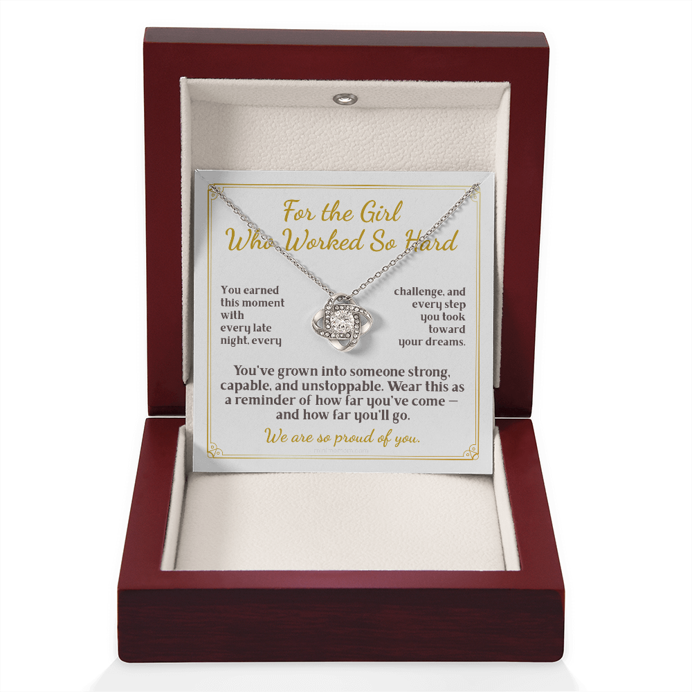 For Daughter: Graduation Pendant Necklace with Message Card — "For the Girl Who Worked So Hard" • Forever Tied to You