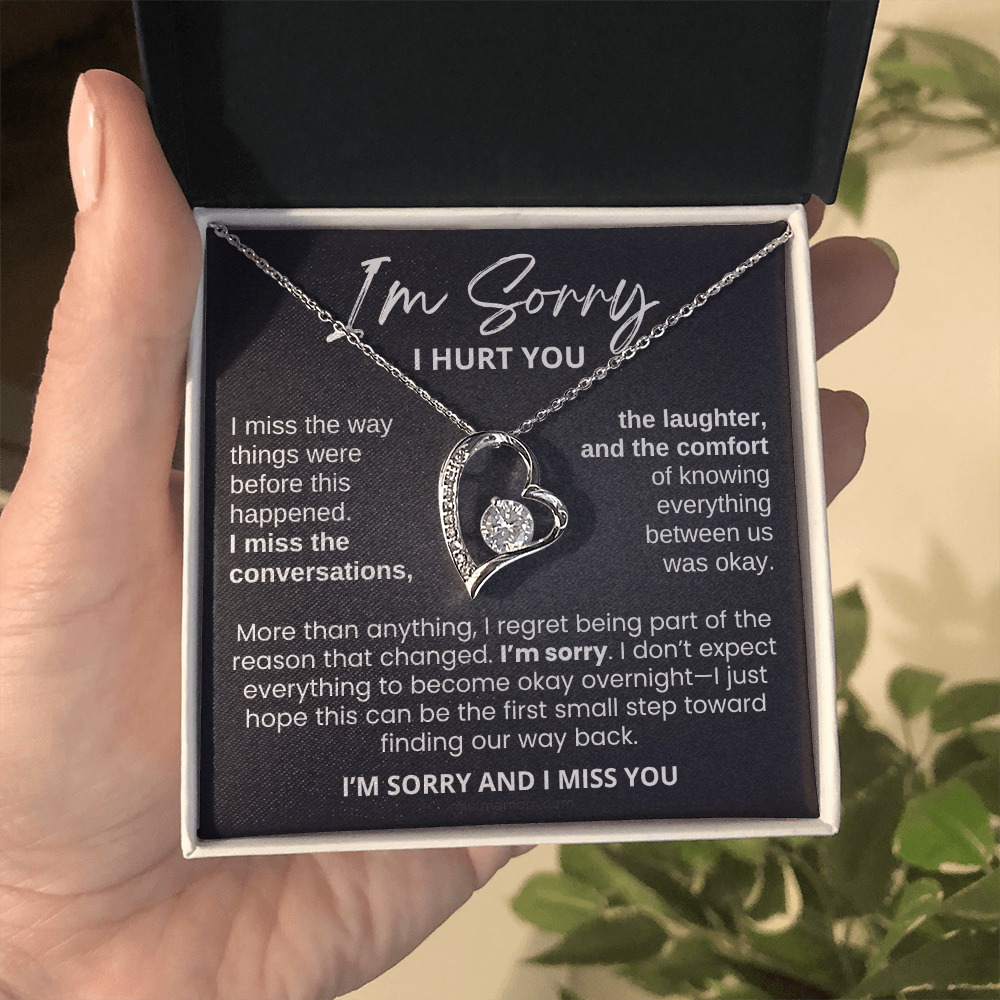 For Her: I'm Sorry Pendant Necklace with Message Card — " I'm sorry and I miss you" • Forever in My Heart Necklace