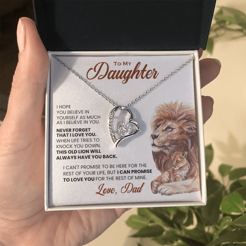 For Daughter: Pendant Necklace with Message Card — "This old lion will always have you back" • Forever in My Heart