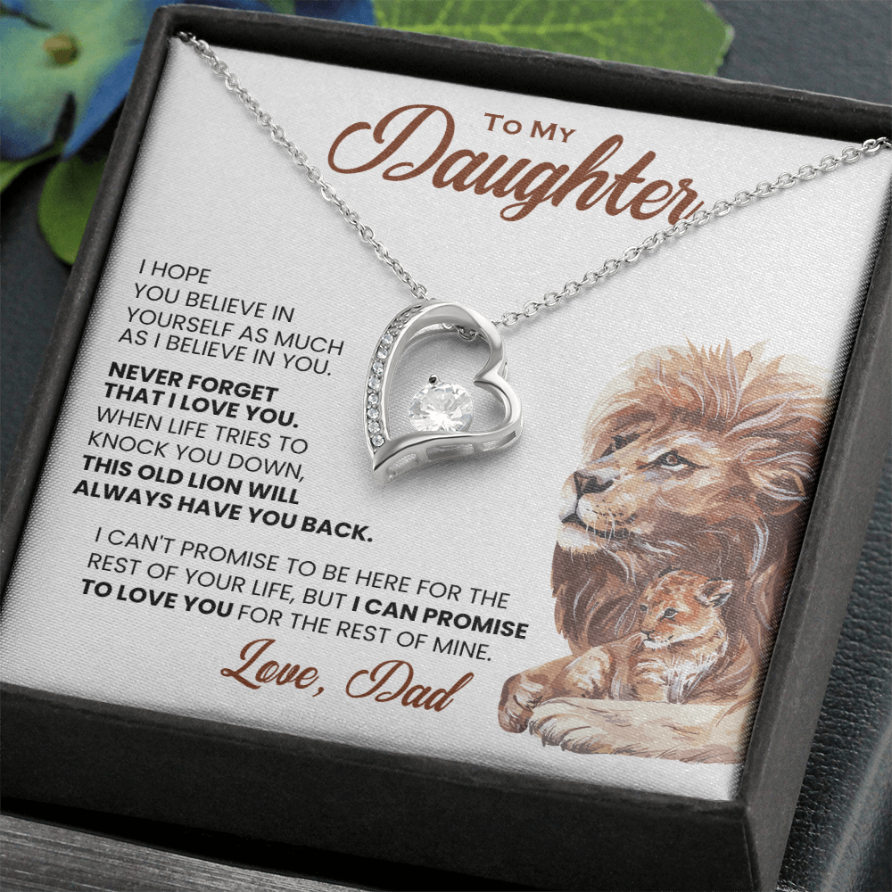 For Daughter: Pendant Necklace with Message Card — "This old lion will always have you back" • Forever in My Heart