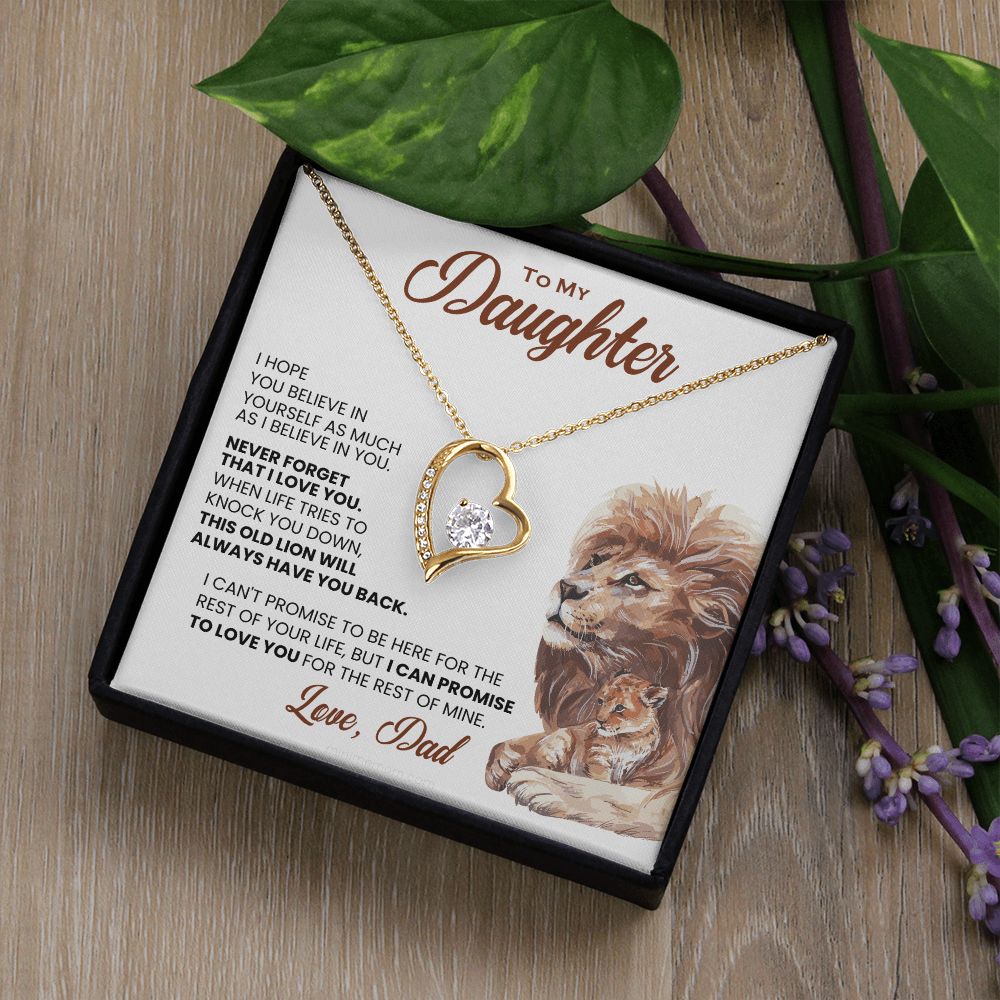 For Daughter: Pendant Necklace with Message Card — "This old lion will always have you back" • Forever in My Heart